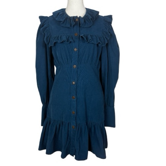 Thierry Colson Dresses & Skirts - Thierry Colson blue corduroy long sleeve ruffle dress size Small
